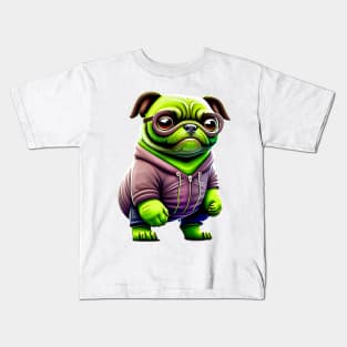 Green Pug in Muscular Costume - Adorable, Angry and Grumpy Dog Outfit Kids T-Shirt